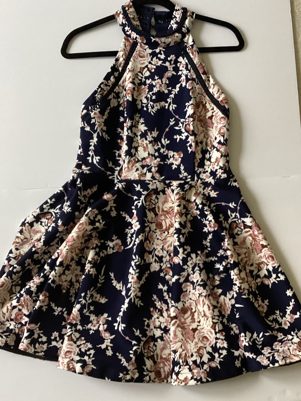 Sleeveless Navy Floral High-Neck Midi Dress with Blush Roses